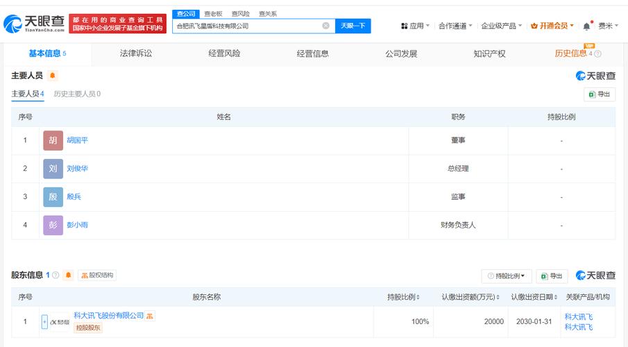 为胡国平,注册资本2亿人民币,经营范围含软件开发,人工智能